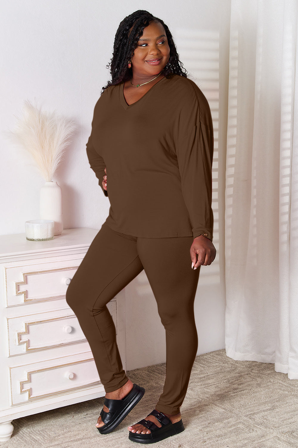 Basic Bae Full Size V-Neck Soft Rayon Long Sleeve Top and Pants Lounge Set - Ladyez