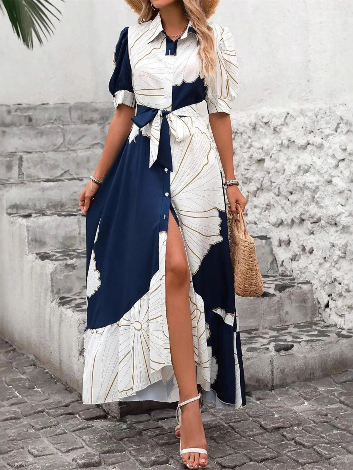 Printed Button Down Half Sleeve Maxi Shirt Dress - Ladyez