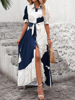 Printed Button Down Half Sleeve Maxi Shirt Dress - Ladyez