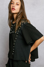 POL Lace Pearl Stud Round Neck Short Sleeve Shirt