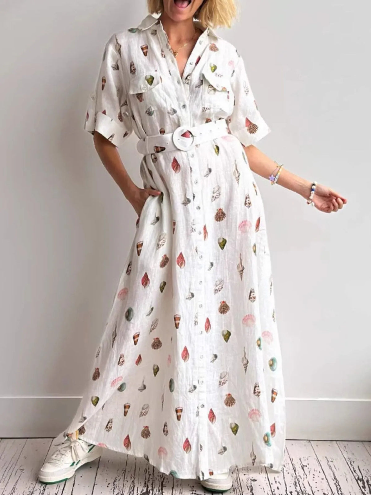 Printed Button Up Maxi Shirt Dress - Ladyez