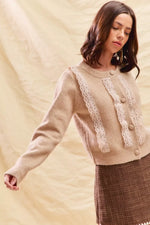 SO ME Front Lace Trim Button Cardigan Sweater