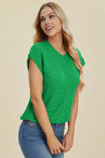 Double Take Full Size Cable-Knit Round Neck Cap Sleeve Sweater