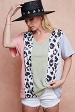 BiBi Cotton Span Knit With Leopard Color Block Top