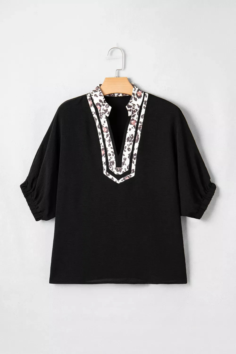Leopard Accent Notched Neck Plus Size Short Sleeve Top