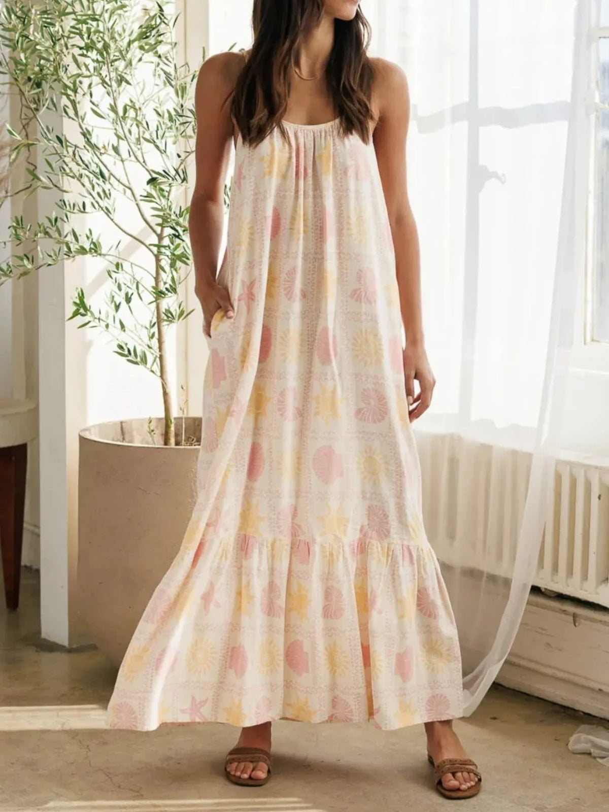 Printed Maxi Lounge Dress with Ruffled Hem - Ladyez