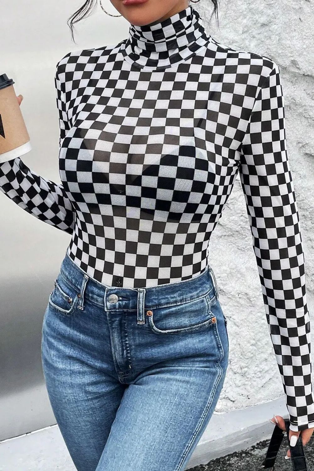 Checkered Turtleneck Long Sleeve Bodysuit - Ladyez