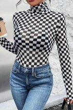 Checkered Turtleneck Long Sleeve Bodysuit - Ladyez