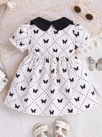 Children's Butterfly Print Lace Trim Peter Pan Collar Dress
