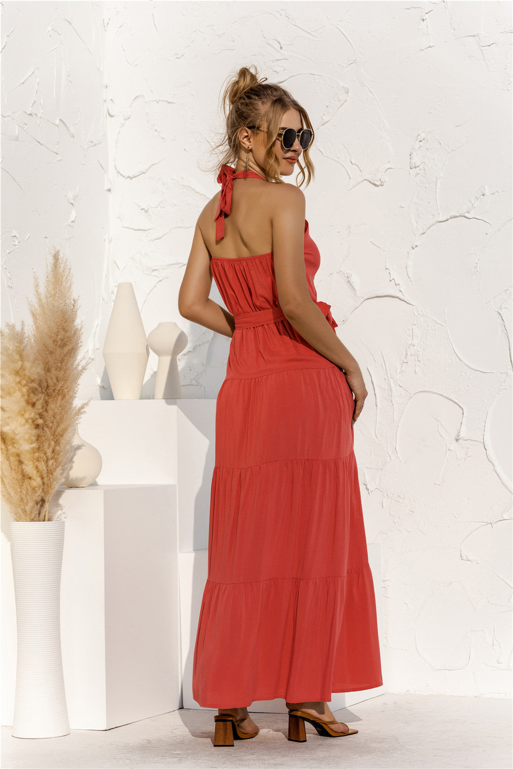 Halter Neck Tie Waist Tiered Maxi Dress - Ladyez