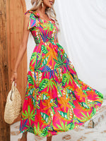 Tropical Print Smocked Tie-Strap Dress