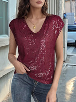 V-Neck Sequin Cap Sleeve Top - Ladyez