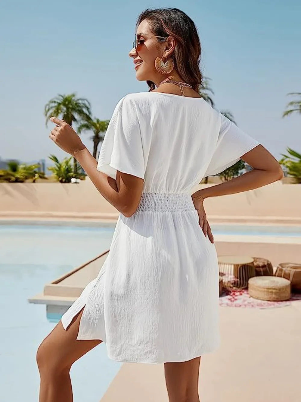 Smocked V-Neck Short Sleeve Dress - Ladyez