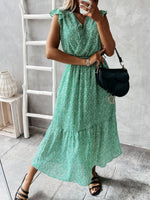 Ruffled Surplice Printed Cap Sleeve Dress