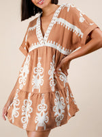 Printed V-Neck Short Sleeve Mini Dress