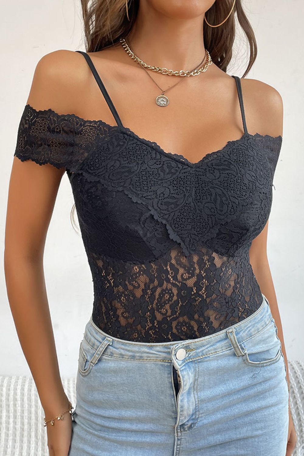 Perfee Lace Cold-Shoulder Bodysuit - Ladyez
