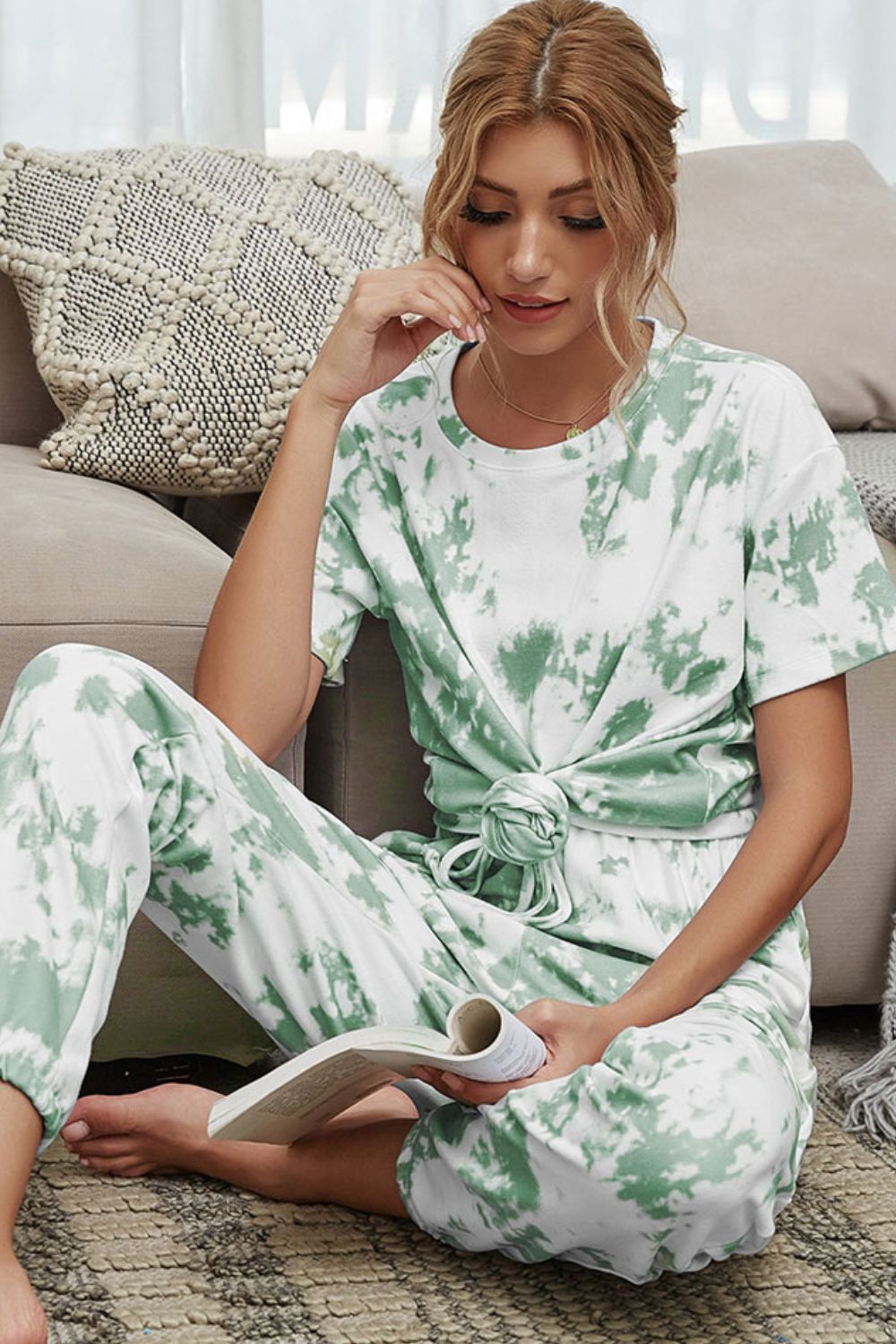 Shiny Tie-Dye Tee and Drawstring Waist Joggers Lounge Set - Ladyez