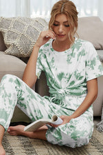 Shiny Tie-Dye Tee and Drawstring Waist Joggers Lounge Set - Ladyez
