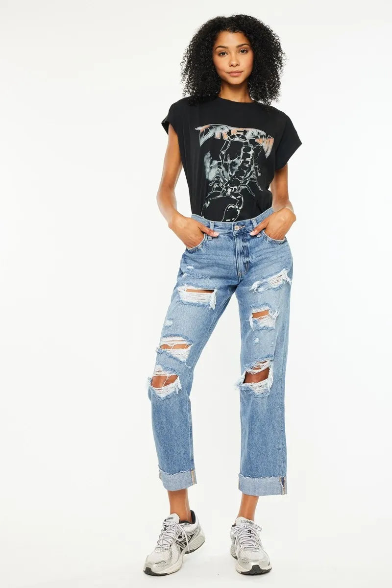Kancan Mid Rise Distressed Boyfriend Fit Jeans - Ladyez