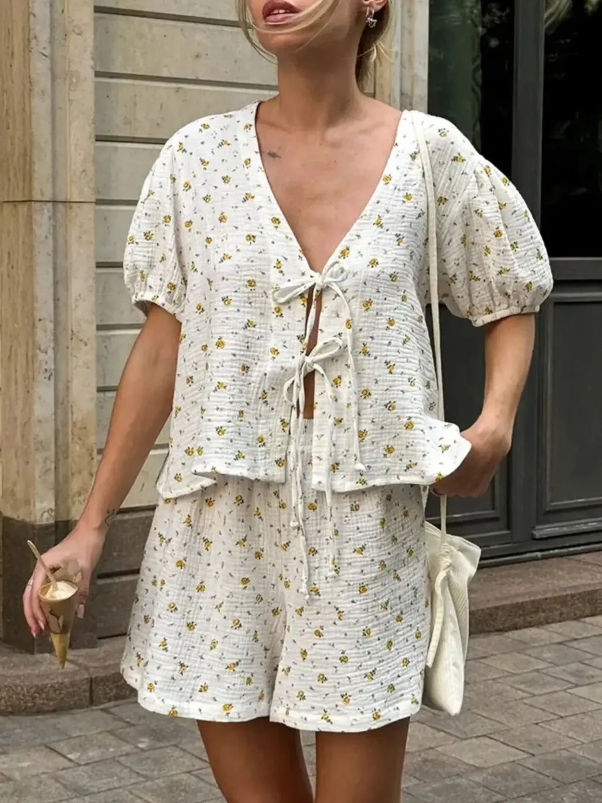 Floral Print Tie-Front Top and Shorts Set