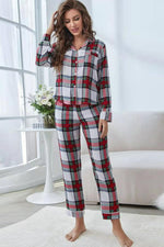 Plaid Button Front Top and Pants Lounge Set - Ladyez