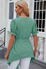 Swiss Dot Tie Waist Flounce Sleeve Blouse