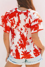 Plant Print Tiered Ruffled Sleeve Tie Neck Blouse