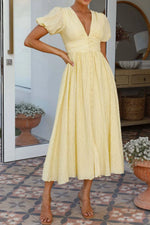 V-Neck Puff Short Sleeve Midi Dress