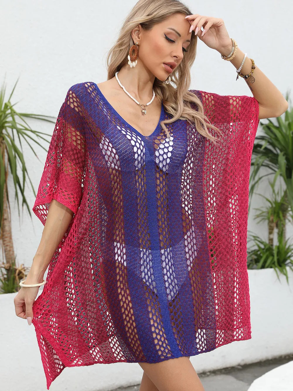 Openwork Contrast V-Neck Cover-Up - Ladyez