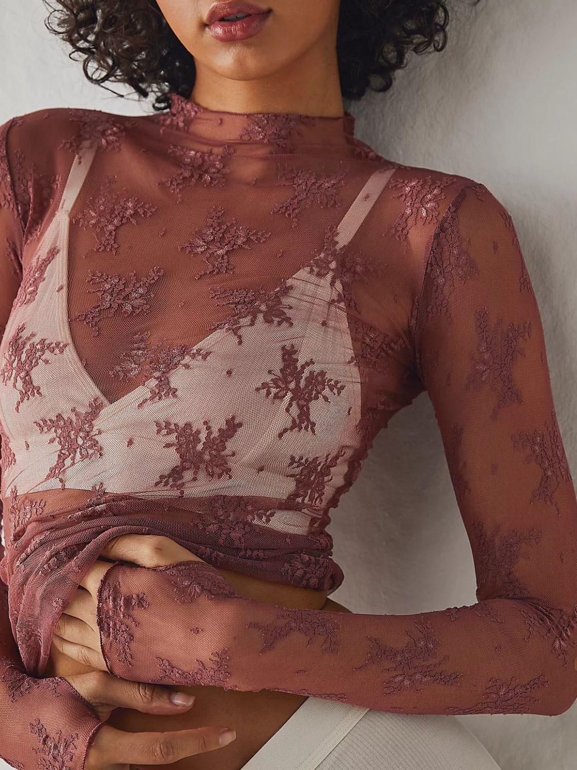 Lace Mock Neck Long Sleeve Blouse - Ladyez