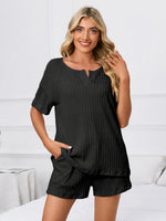 Notched Short Sleeve and Shorts Lounge Set - Ladyez