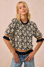 BiBi Textured Rose Knit Top Contrast Banded Puff Sleeve