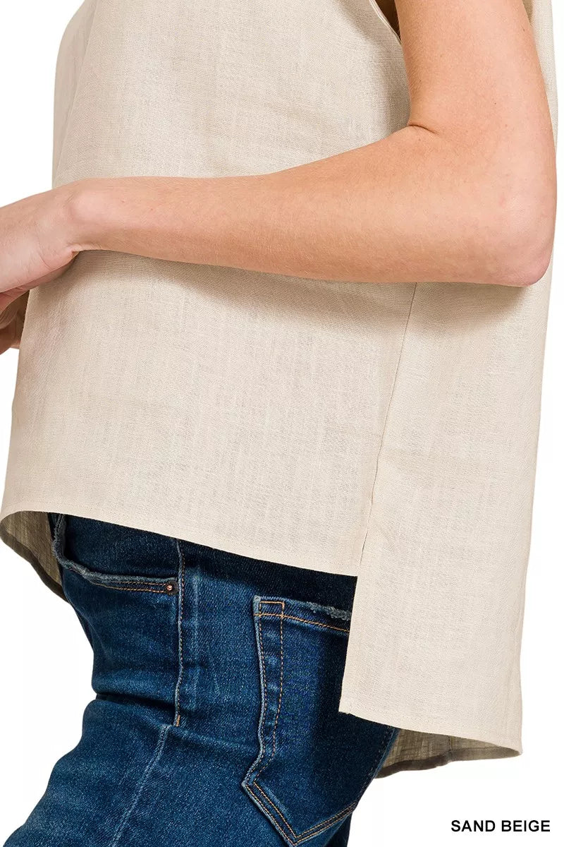 Zenana Linen Round Neck Cap Sleeve Top