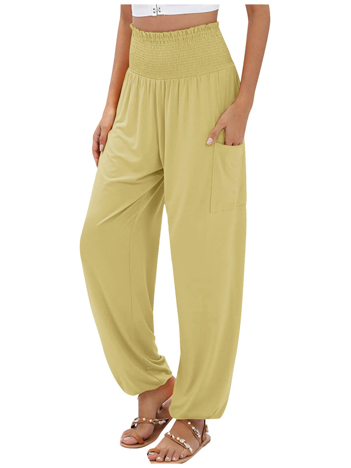 Full Size Smocked Waist Harem Pants with Pockets Plus Size