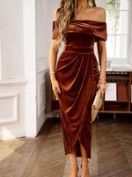 Velvet Off-Shoulder Ruched Midi Dress