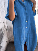 Full Size Casual Linen Button-Down Shirt Dress Plus Size - Ladyez
