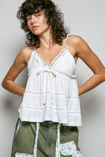POL V-Neck Embroidered Trim Ruffled Cami