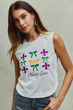 SO ME Mardi Gras Fleur De Lis And Ribbon Embroidered Top
