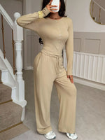 Button-Front Long Sleeve Top & Wide Leg Pants Set