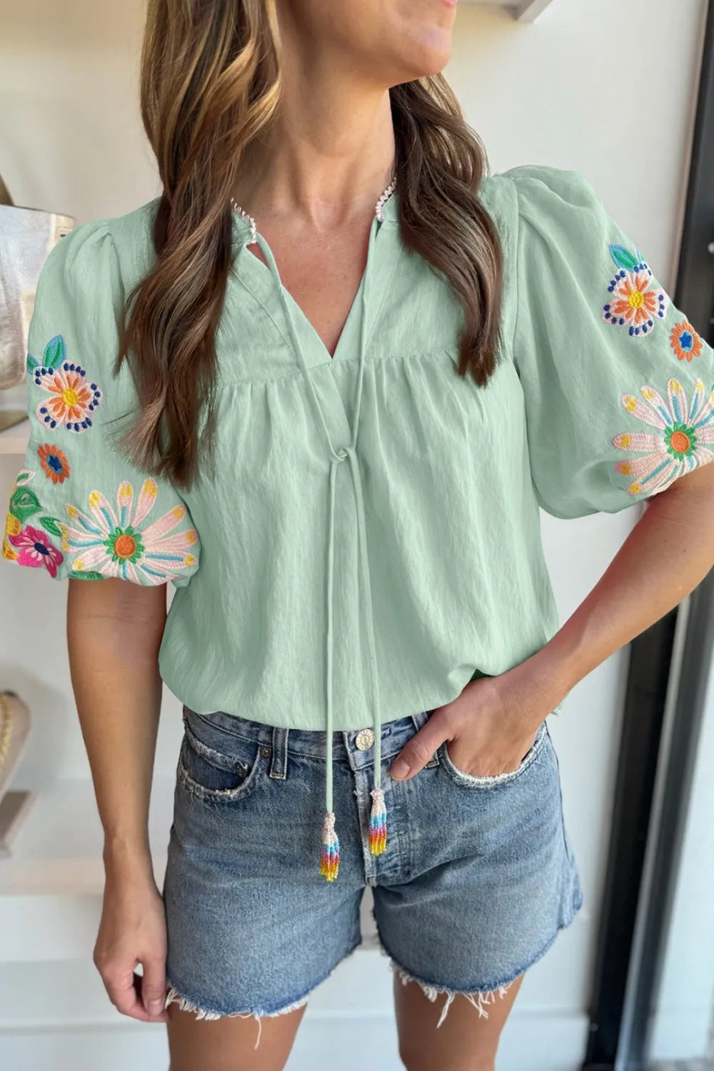 Embroidered Tie Neck Short Sleeve Blouse - Ladyez