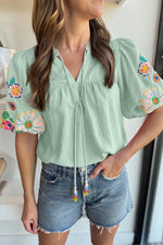 Embroidered Tie Neck Short Sleeve Blouse - Ladyez