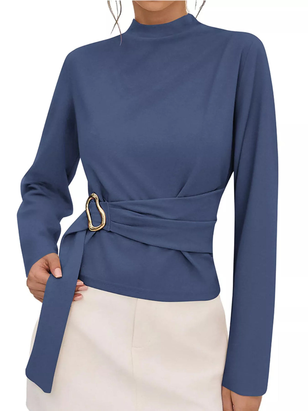 Mock Neck Blouse with Waist-Defining Metal Buckle Detail
