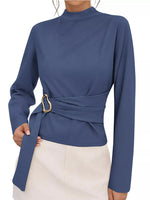 Mock Neck Blouse with Waist-Defining Metal Buckle Detail