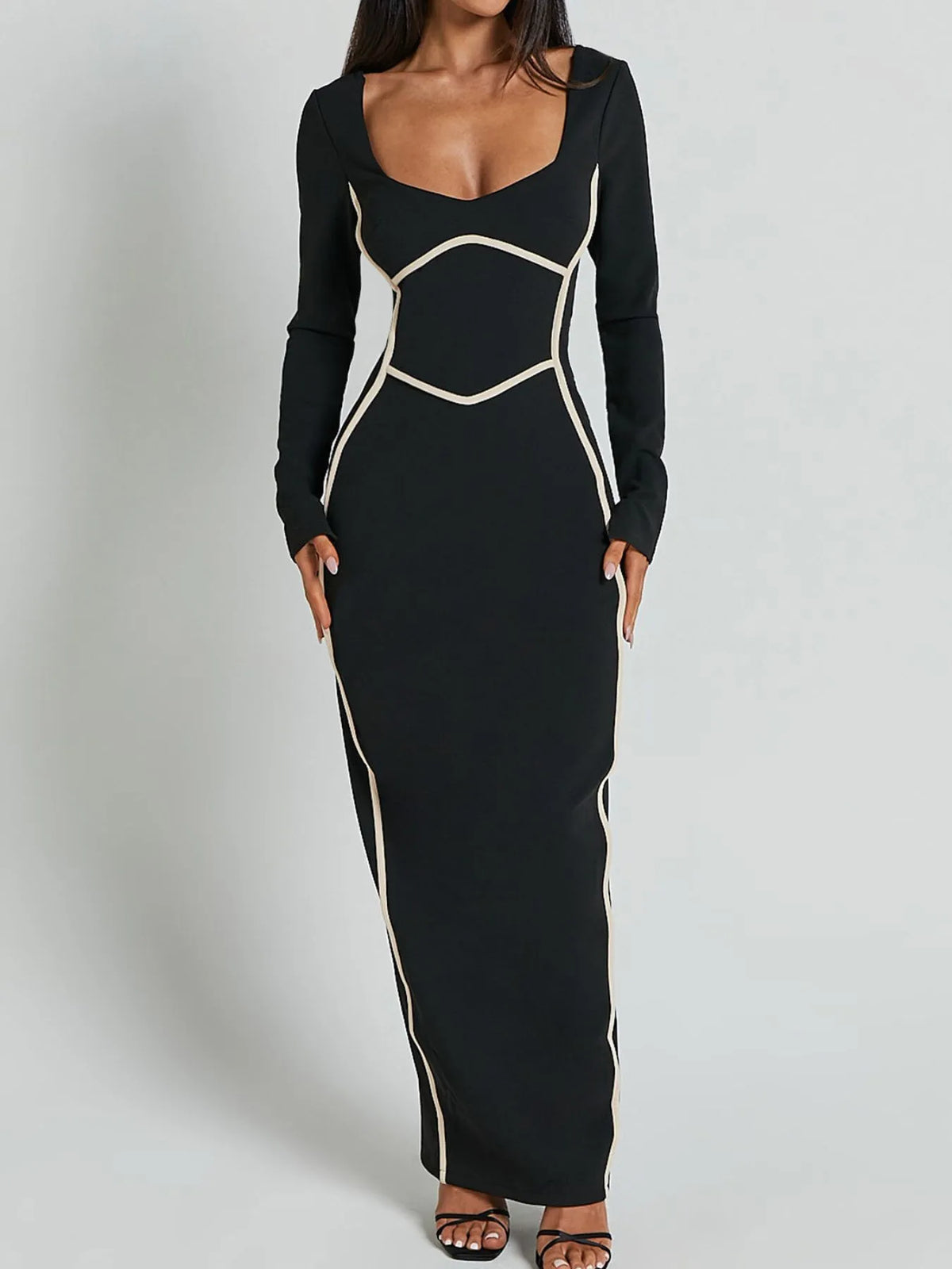 Contrast Trim Long Sleeve Bodycon Maxi Dress - Ladyez