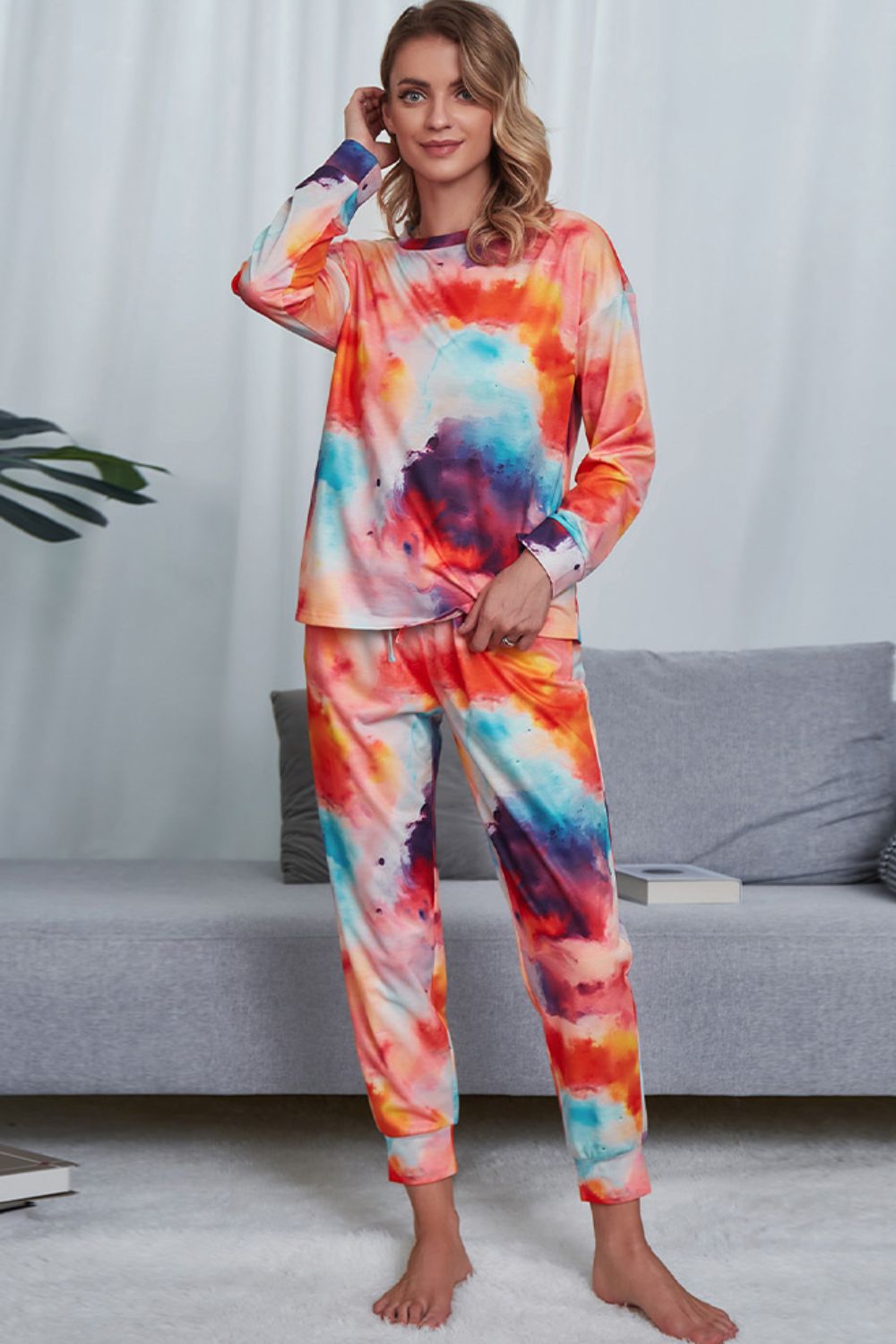 Shiny Tie-Dye Crewneck Top and Drawstring Waist Joggers Lounge Set - Ladyez