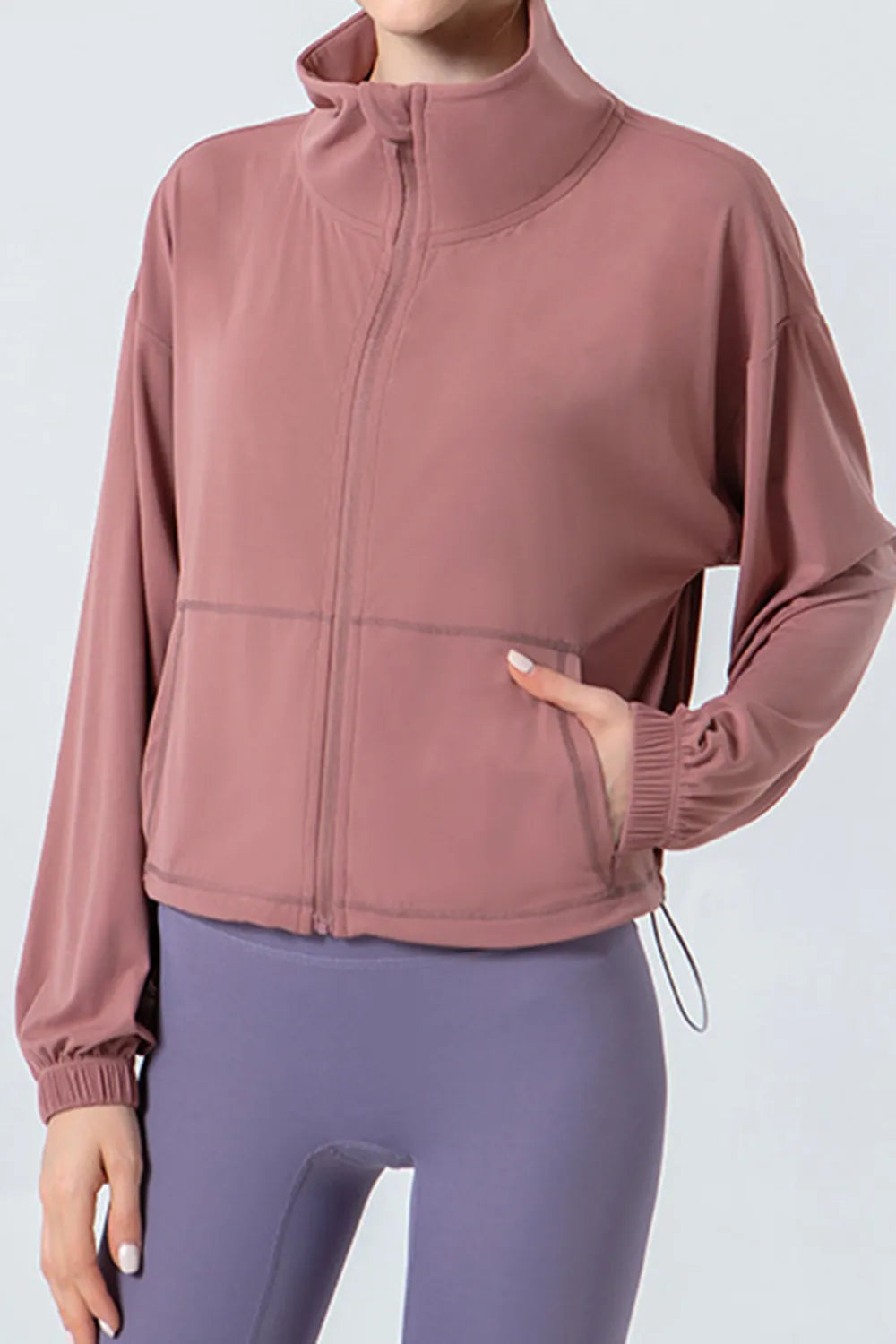 Drawstring Zip Up Dropped Shoulder Active Outerwear - Ladyez
