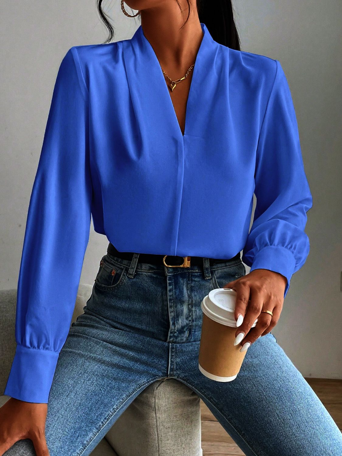 V Neck Long Sleeve Top - Ladyez