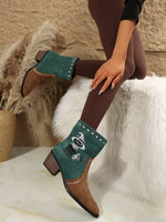 Western Embroidered Cowboy Block Heel Boots - Ladyez
