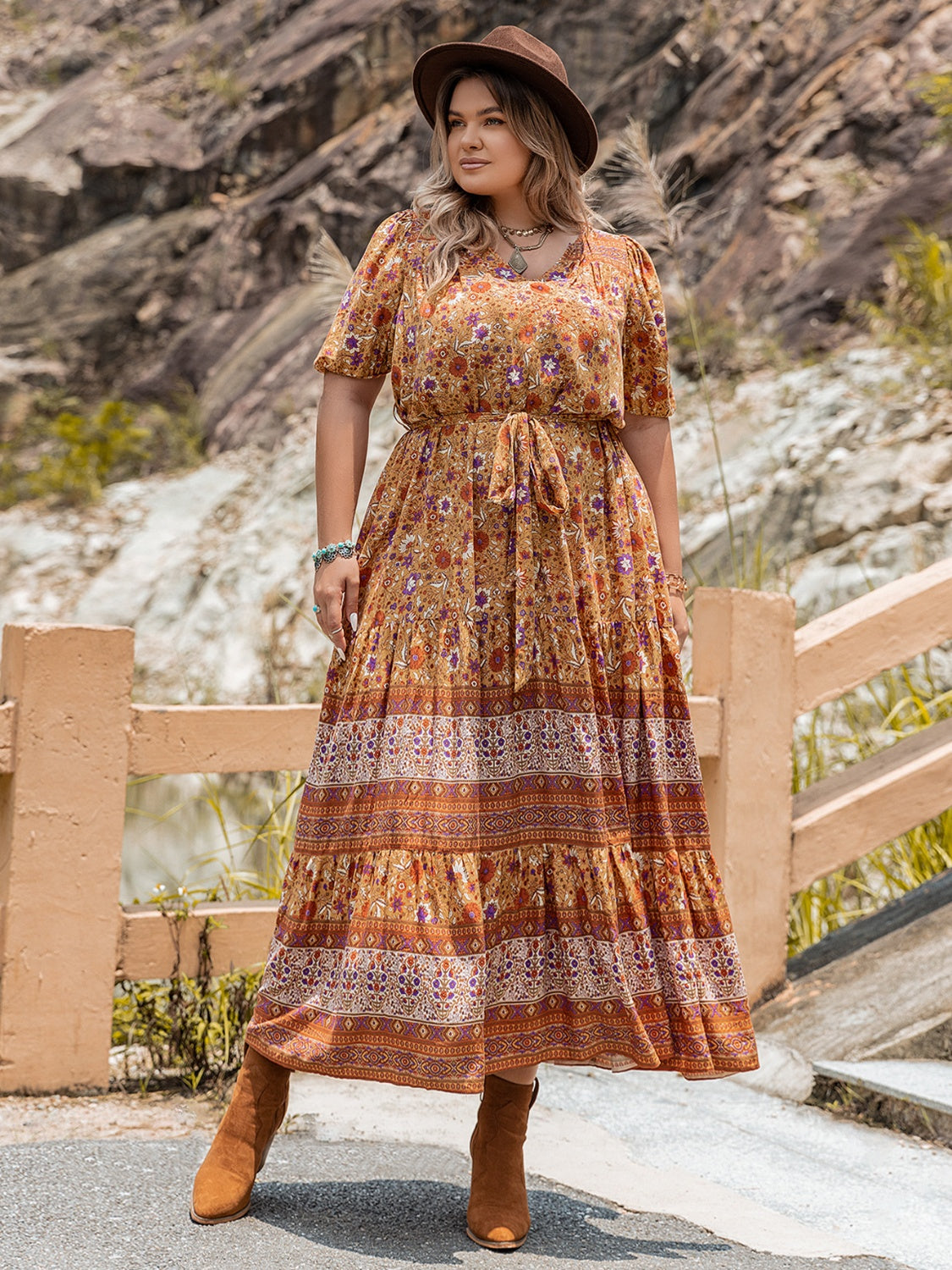 Plus Size Tie Waist Puff Sleeve Dress - Ladyez