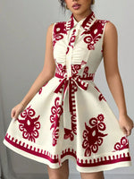 Printed Sleeveless Tie Waist Mini Dress